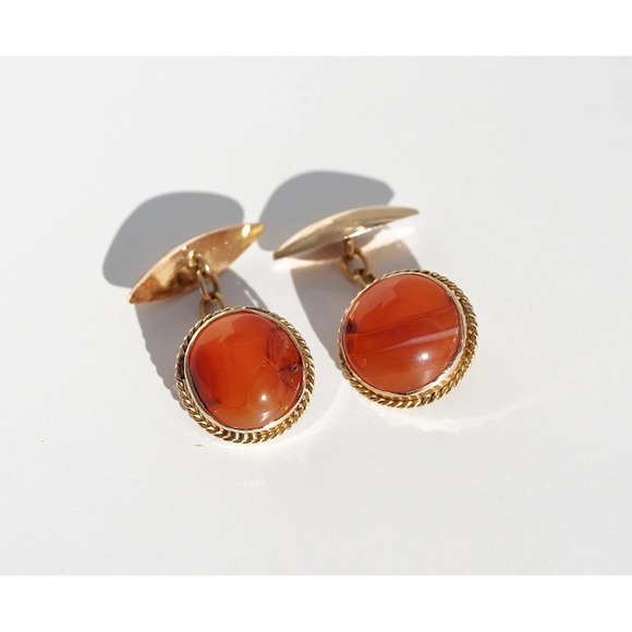 Men's Vintage 18k Solid Gold Carnelian Oval Cabochon Chain Cufflinks Mid-Century